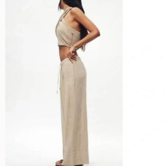 NWT Zara Two Piece Linen Halter Top and Palazzo Wide Leg Pants in sand/neutral - Picture 10 of 14